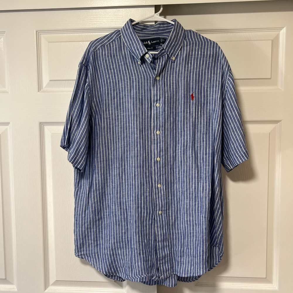 Ralph Lauren Shirt Men XL Blue Striped Button Up Linen Red Pony Casual Adult